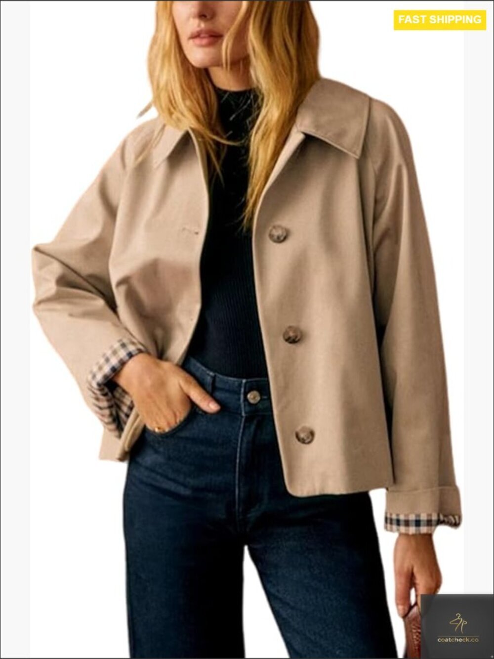 Oversized Trench Coat Casual Cropped Jacket Plaid Lining Lapel Button Pockets